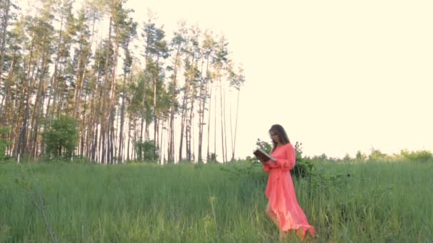 Una ragazza in abito da sera in un prato che legge un libro — Video Stock