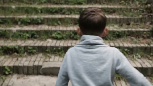 Playful boy climbs the stairs in the park — Stock Video