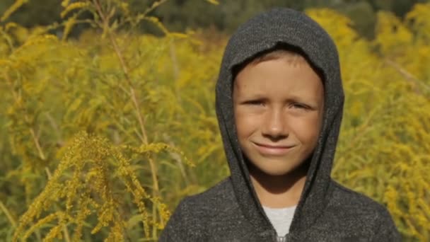 Een leuke jongen in een grijze trui met capuchon in de open lucht — Stockvideo