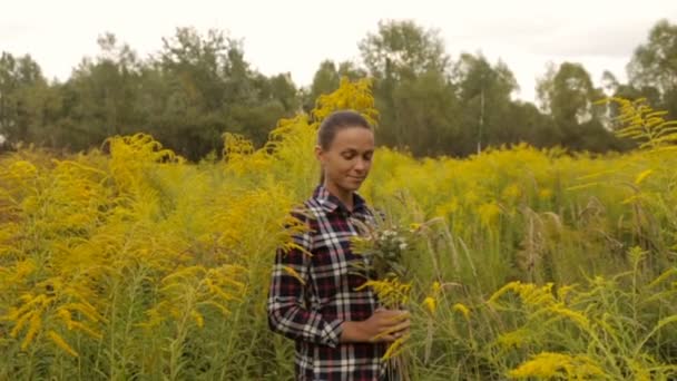 Ragazza con mazzo di fiori di campo in mano — Video Stock