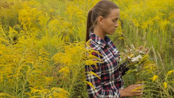 Девушка с букетом полевых цветов в руках — стоковое видео