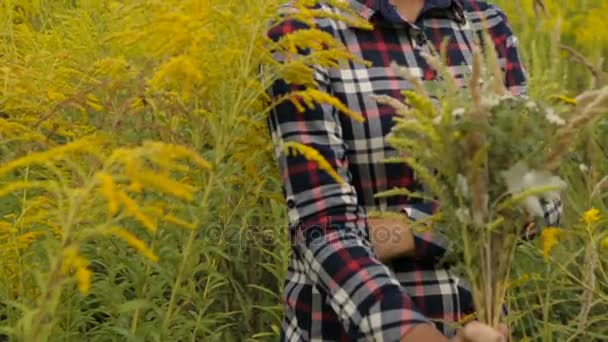 Fille avec bouquet de fleurs sauvages dans les mains — Video