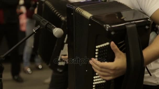 Музыканты играют на аккордеоне — стоковое видео