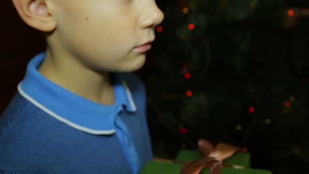 Una caja de regalo de Navidad en las manos de un niño — Vídeos de Stock