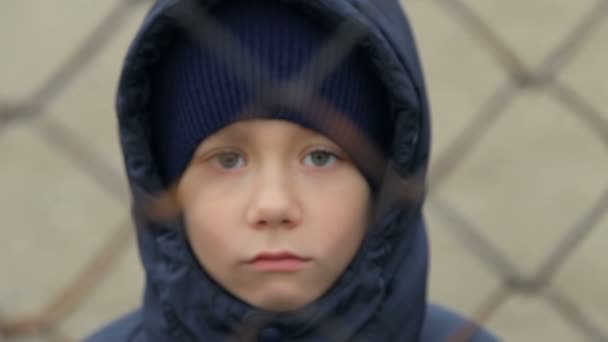 Αγόρι Μοιάζει Στην Κάμερα Μέσω Του Πλέγματος Πορτραίτο Του Παιδιού — Αρχείο Βίντεο