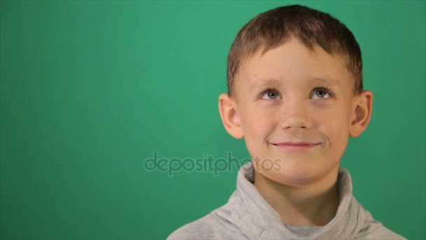 Retrato infantil, chico mira a la cámara — Vídeos de Stock