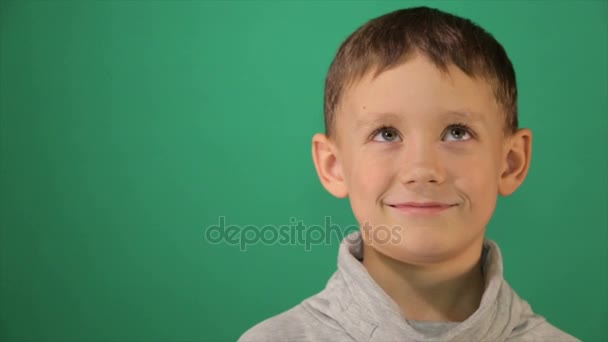 Retrato infantil, chico mira a la cámara — Vídeo de stock