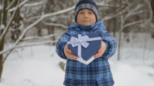 Geschenk box in de vorm van een hart in de handen van een kind — Stockvideo