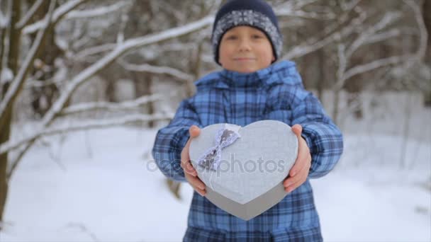 Δώρο Κουτί Μορφή Μια Καρδιά Στα Χέρια Ενός Παιδιού — Αρχείο Βίντεο