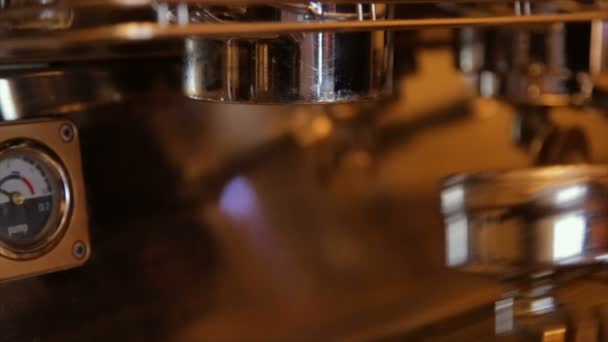 Бариста вставляет рог с молотым кофе в профессиональную кофеварку — стоковое видео