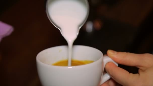 Barista giet verse melk in de koffie. Cappuccino. — Stockvideo