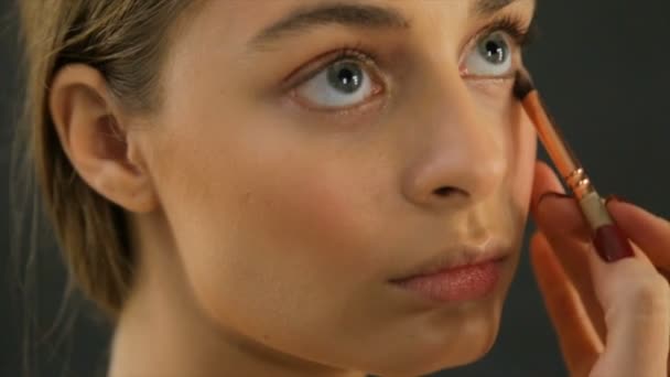 Maquillador Pone Cara Chica Una Crema Frecuencia Voz — Vídeo de stock
