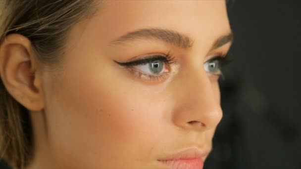 Artista Maquiagem Profissional Faz Correção Sobrancelha Para Modelo — Vídeo de Stock