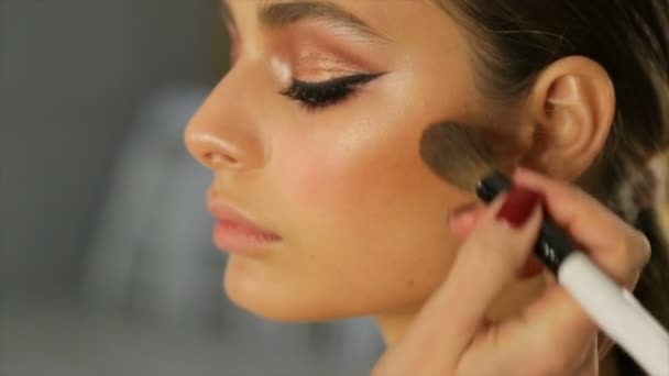 Maquillador Profesional Aplica Una Crema Tonal Cara Del Modelo — Vídeos de Stock