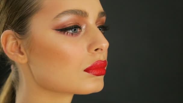 Maquillador Profesional Aplica Maquillaje Cara Del Modelo — Vídeos de Stock