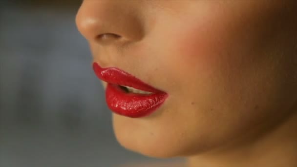 Labios Mujer Pintados Con Lápiz Labial Rojo Chica Dice — Vídeo de stock