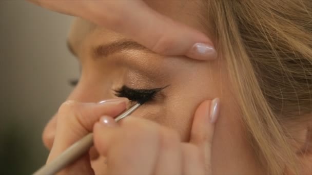 Artista-maquillaje aplicando la sombra de ojos de color básico brillante en el ojo de una chica — Vídeo de stock