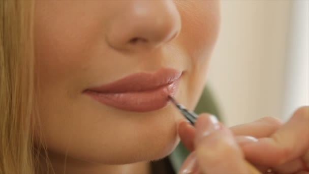 Retrato Uma Menina Com Lábios Cheios Longos Cabelos Loiros — Vídeo de Stock