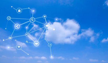 Gökyüzündeki küresel iş konsepti için bulut teknolojisi simgesi