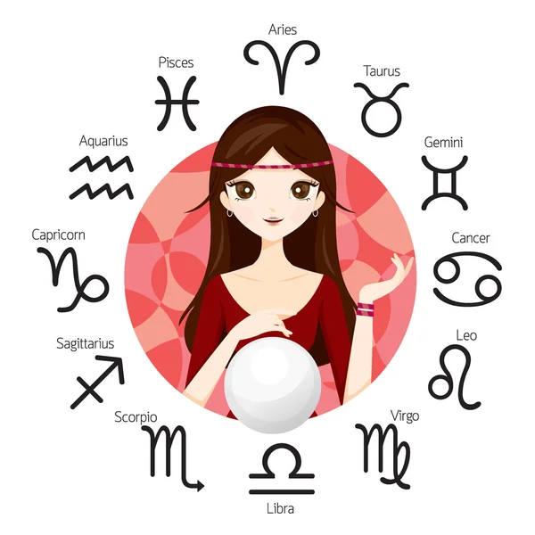 Mulher Fortuneteller e bola de cristal com signos do zodíaco — Vetor de Stock