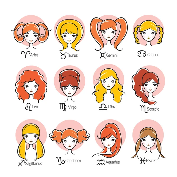 Woman With 12 Zodiac Signs Icons Set — Stock Vector