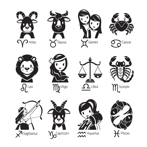 Conjunto de ícones de signos do zodíaco, monocromático — Vetor de Stock