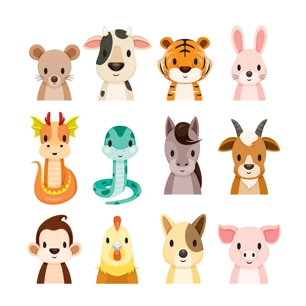 Ensemble d'icônes de signes du zodiaque chinois 12 animaux — Image vectorielle