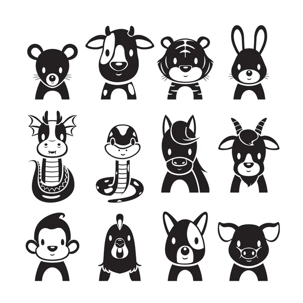 Set de iconos de signos de zodíaco chino de 12 animales, monocromo — Vector de stock