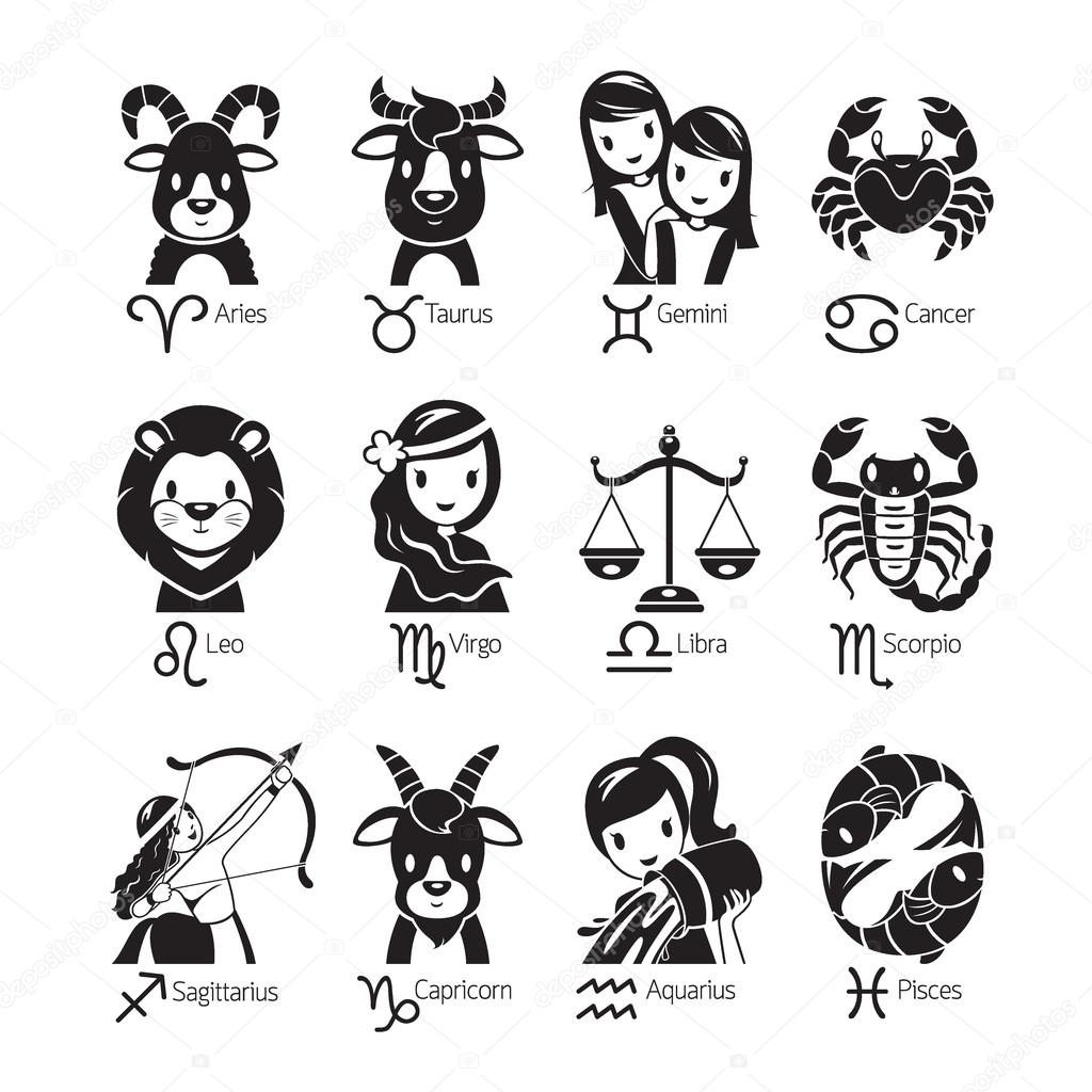 Zodiac Signs Icons Set, Monochrome
