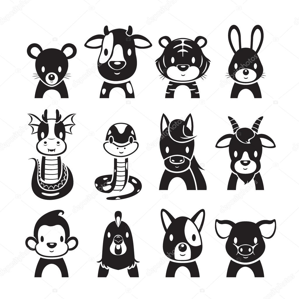 12 Animals Chinese Zodiac Signs Icons Set, Monochrome Stock Vector Image by  ©MatoomMi #125687230