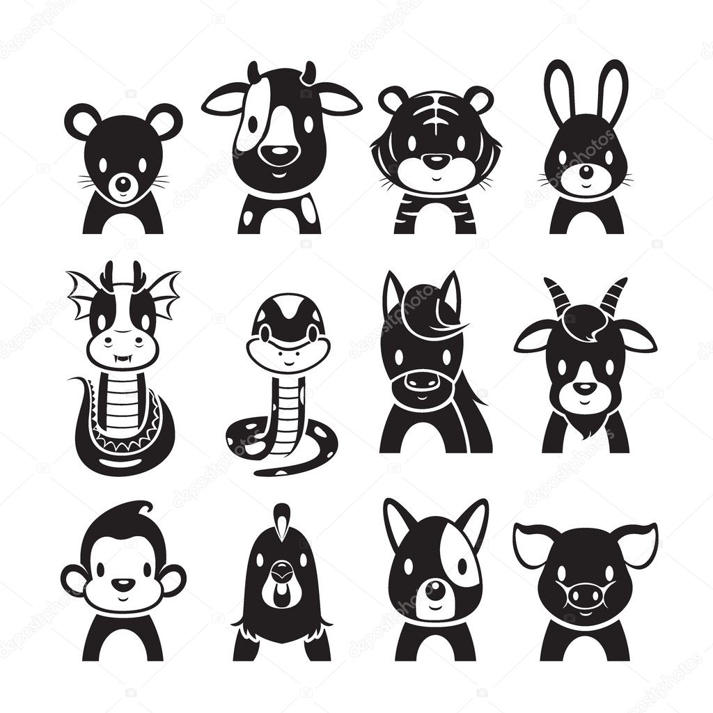 12 Animals Chinese Zodiac Signs Icons Set, Monochrome