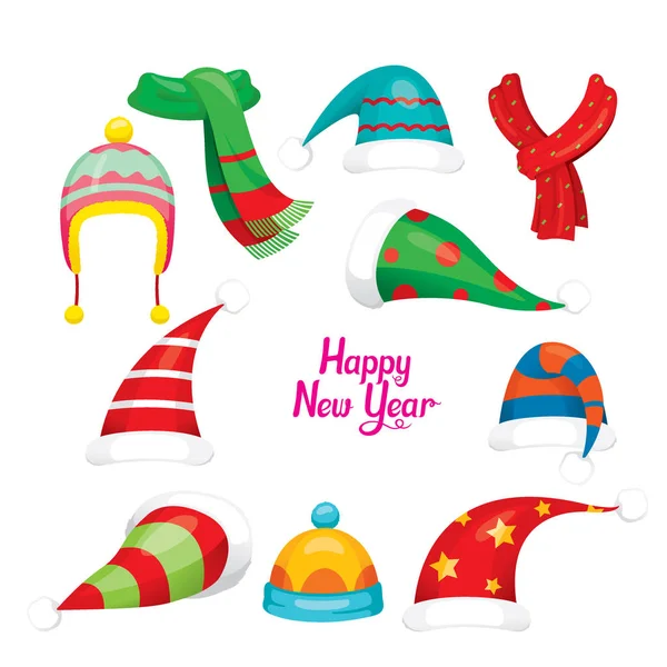 Santa Claus Red Hat Set, Elementos de ropa de Navidad, Año Nuevo Sy — Vector de stock