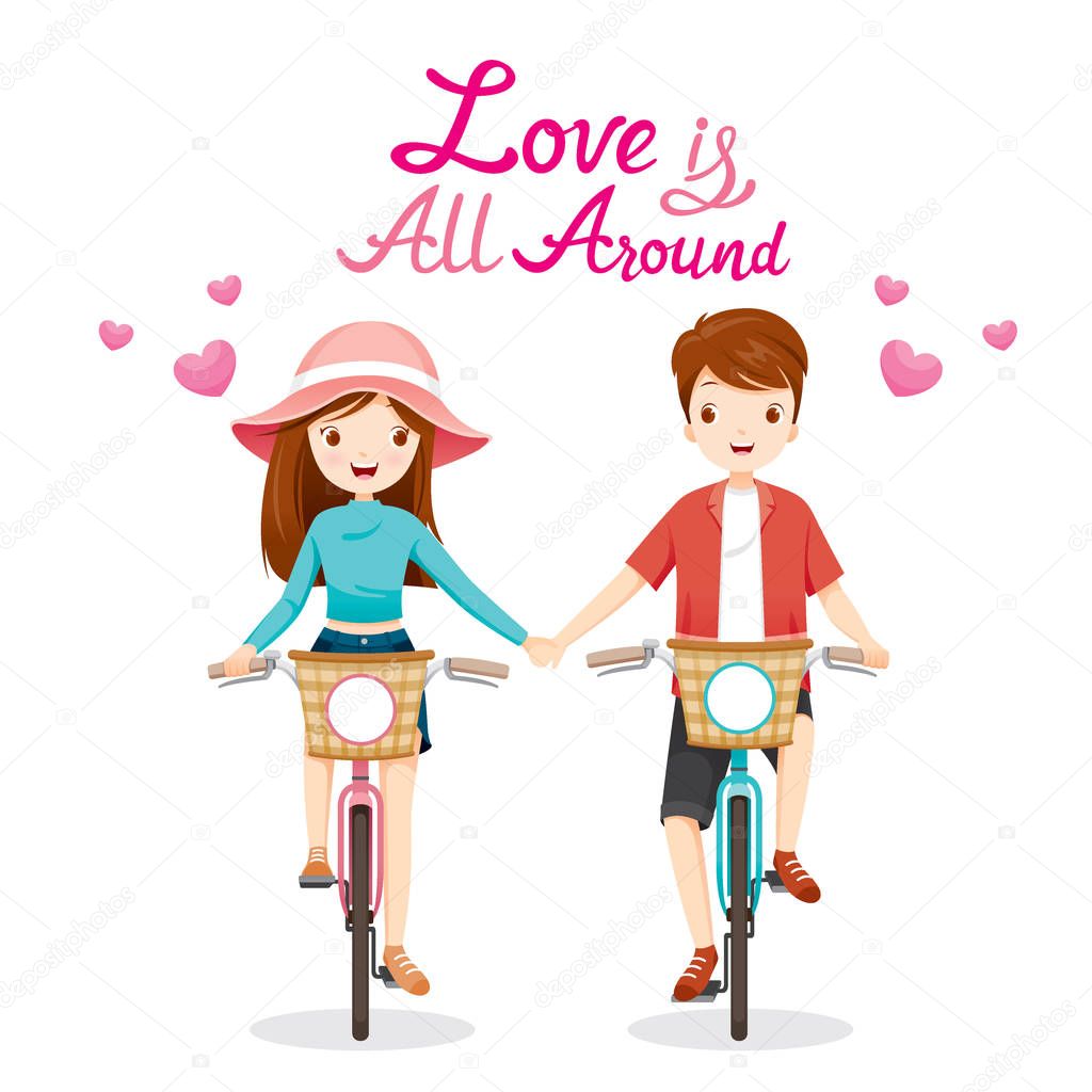 Man And Woman Riding Bicycle, Clasping Hands, Love Is All Around