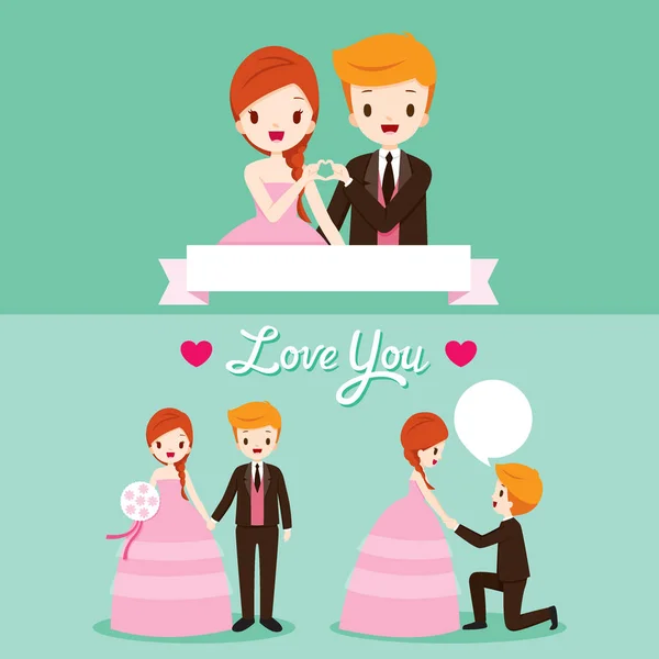 Novia y novio con varias acciones en conjunto de ropa de boda — Vector de stock