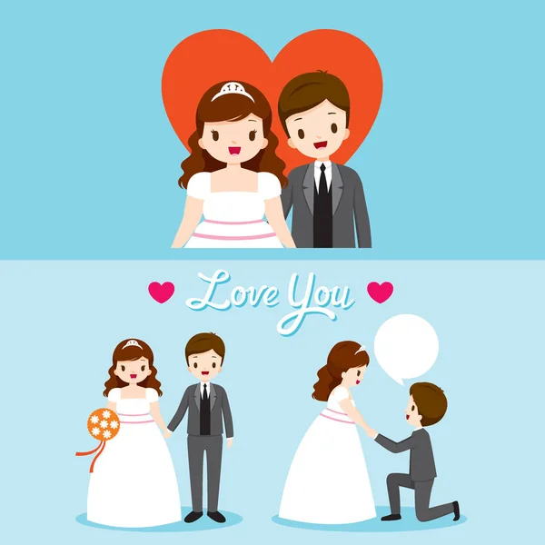 Novia gorda y novio con varias acciones en conjunto de ropa de boda — Vector de stock