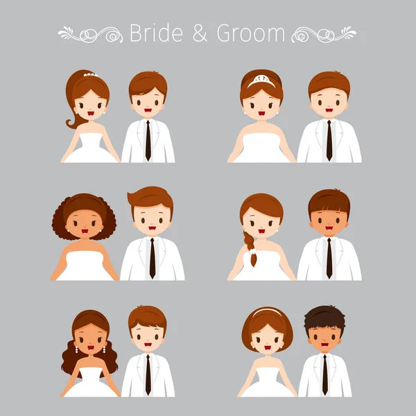 Bruden och brudgummen porträtt i bröllop kläder Set — Stock vektor
