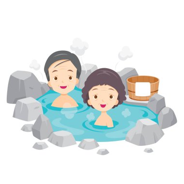 Old Man And Woman Relaxing In Hot Spring clipart
