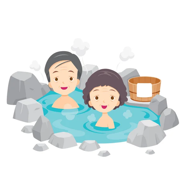 Old Man And Woman Relaxing In Hot Spring — Stock Vector