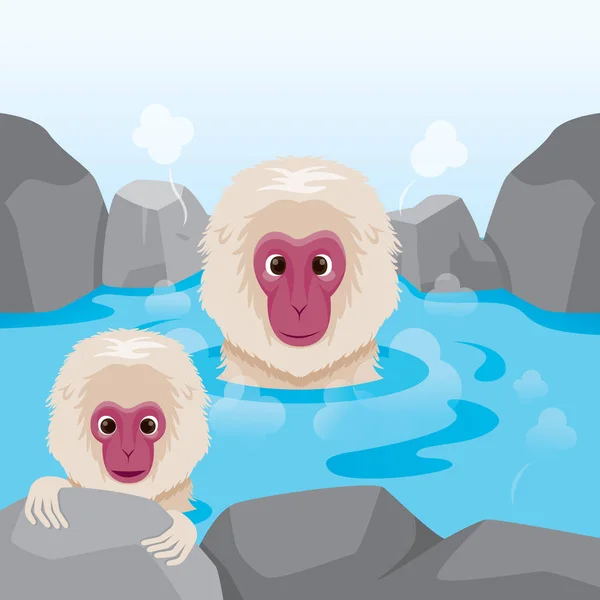 雪猴在温泉里放松 — 图库矢量图片
