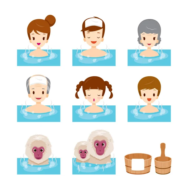 Conjunto de monos de nieve y personas que se relajan en aguas termales — Vector de stock