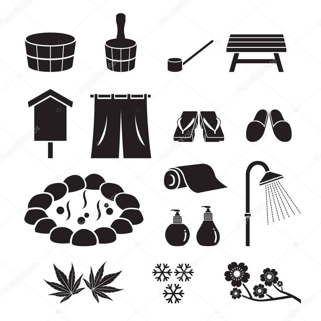Hot Spring Objects Icons Set, Monochrome