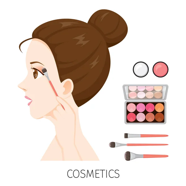 Sida Visa kvinna med hår Bun Make-Up, ögonskugga och borste — Stock vektor