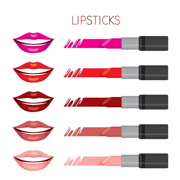 Vrouw Lip en met kleurrijke lippenstiften Set — Stockvector