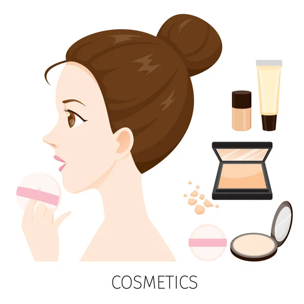 Sida Visa kvinna med hår Bun Make-Up, tryck på puder och Foundation — Stock vektor