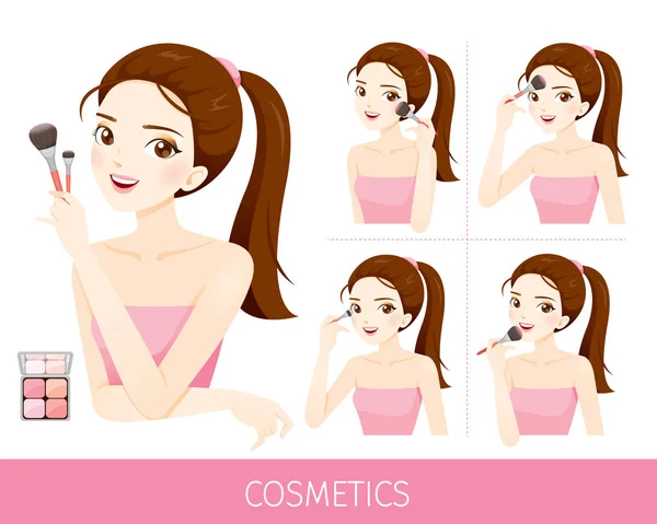 頬化粧を適用する手順を持つ女性 — ストックベクタ