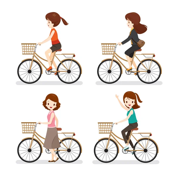 Conjunto de mujer montar en bicicleta con diferentes acciones — Vector de stock
