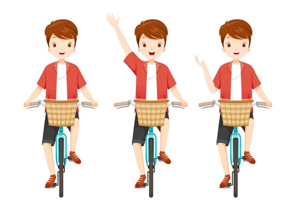 Young Man Riding Bicycle Set - Stok Vektor