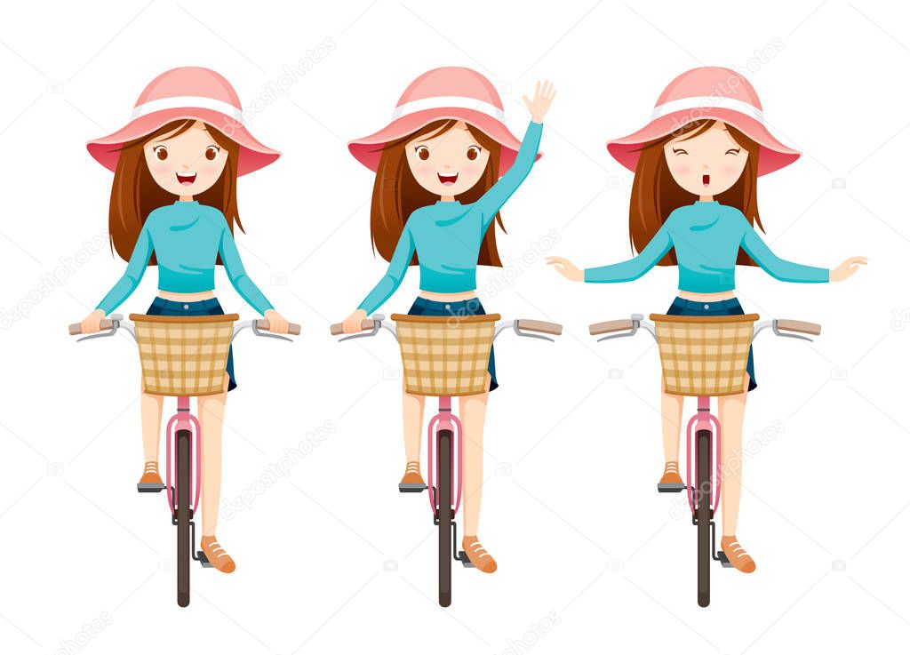 Young Woman Riding Bicycle Set