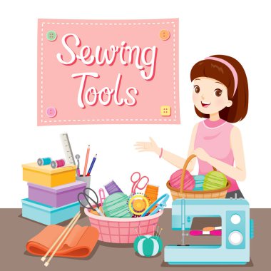 Woman With Knitting Wool In Basket And Sewing Kit Set   clipart