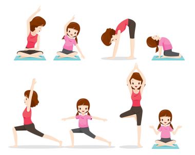 Anne ve kızı yoga yaparken egzersiz